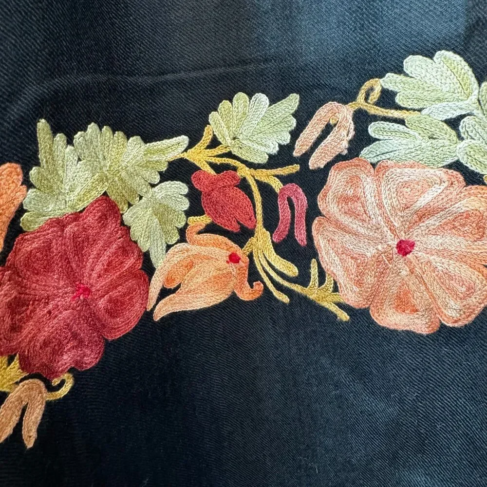 Black Wool Shawl with Floral Embroidery Stitching and Fringed Ends